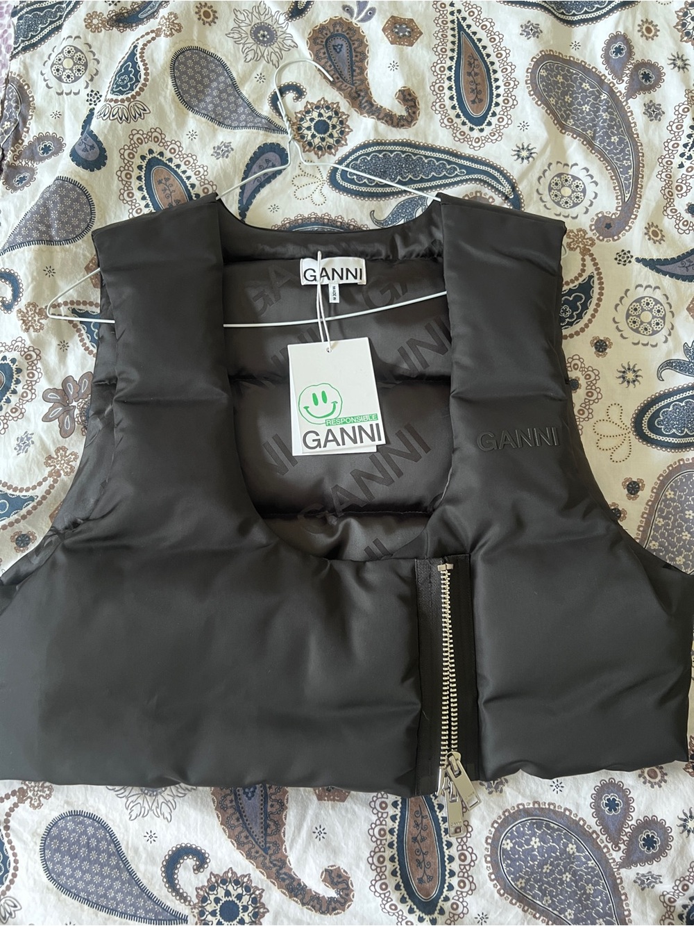 Ganni Black Quilted Puffer Vest with Silver Zip